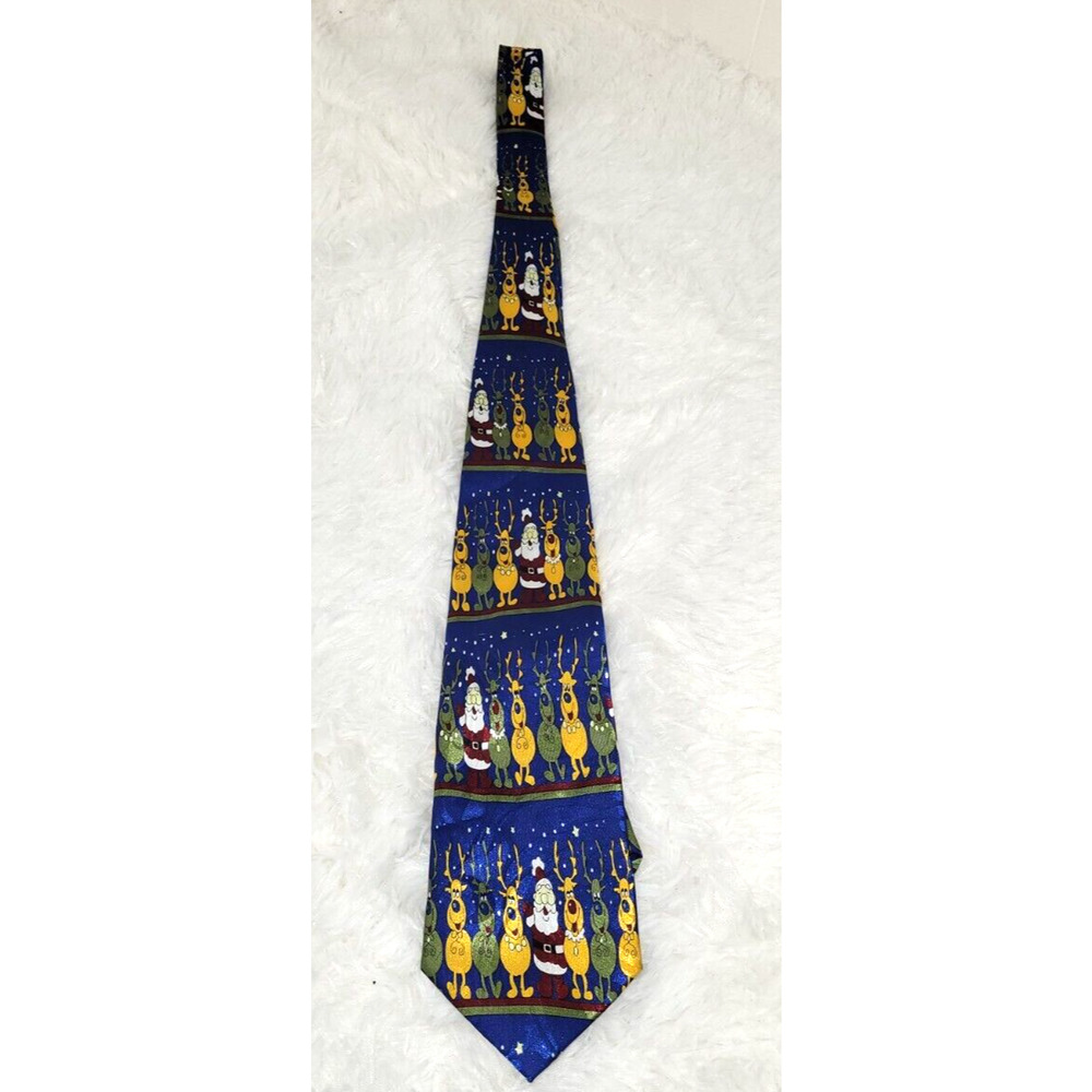 Gold City Christmas Santa Claus Reindeer Dark Blue Novelty Holiday Tie